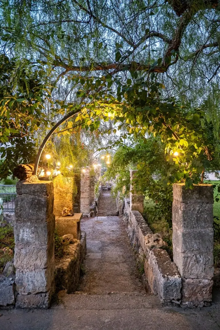 Il viale ad arco con le luci della masseria